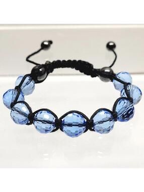 Baby Blue Faceted Bead Black Adjustable Rope Bolo Bracelet